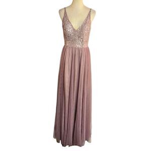 Belsoie Vintage Mauve Pink Sequin Top Princess Maxi Gown Dress